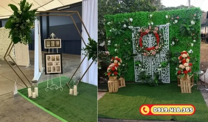 Trang trí bàn gallery đám cưới với thảm cỏ nhân tạo mini.