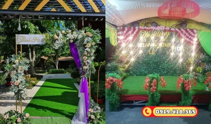 Trang trí bàn tiệc cưới với tấm cỏ nhân tạo mini và hoa tươi.