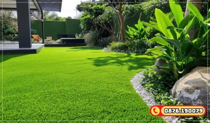 Thảm cỏ nhân tạo kết hợp cây thật