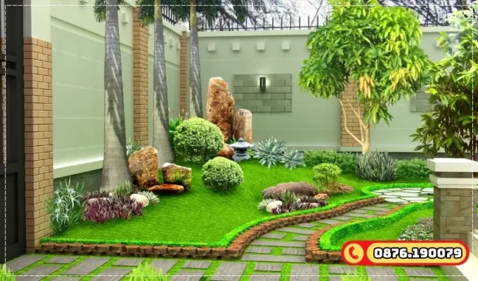 Thảm cỏ nhân tạo kết hợp tiểu cảnh sân vườn