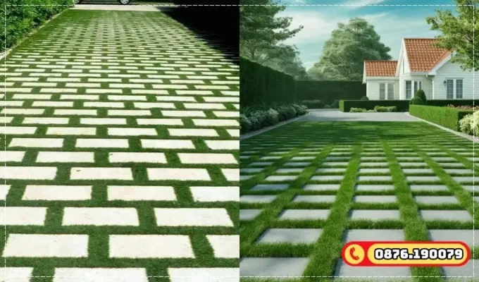 Thảm cỏ nhân tạo lót kẽ gạch xanh