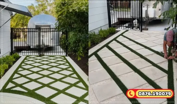 Thảm cỏ nhân tạo lót kẽ gạch đẹp mắt