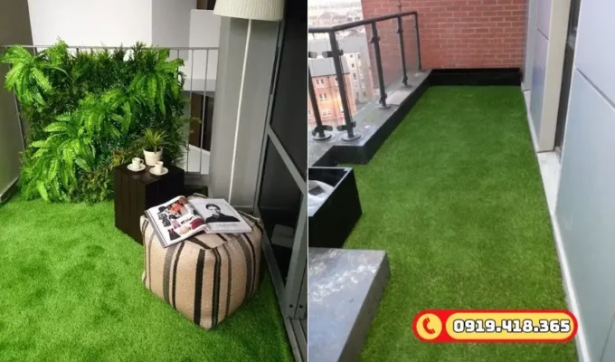 Cỏ nhân tạo trải sàn ban công nhỏ gọn, phù hợp căn hộ chung cư.