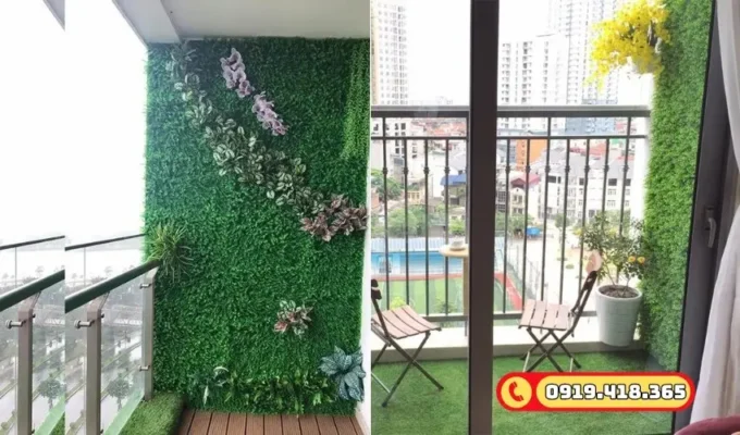 Tường cây giả cỏ nhân tạo ban công giúp không gian sang trọng hơn.
