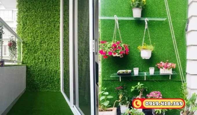 Tường ban công phủ cỏ nhân tạo, mang lại vẻ xanh mát quanh năm.