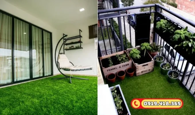 Trang trí ban công bằng thảm cỏ nhân tạo, mang lại không gian thư giãn lý tưởng.