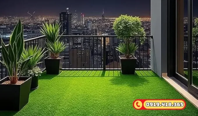 Ban công chung cư trải thảm cỏ nhân tạo xanh mát, mang không gian gần gũi thiên nhiên