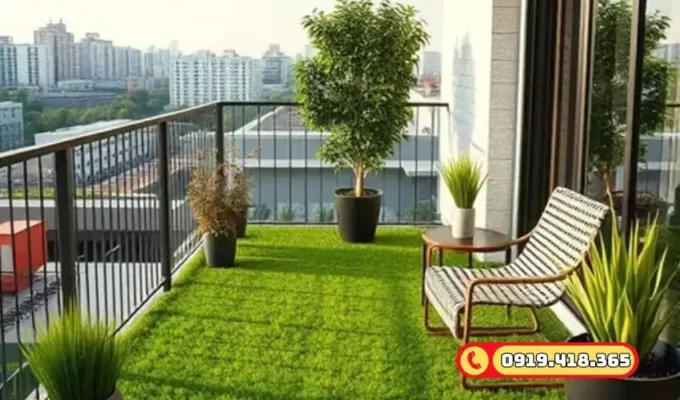 Ban công rộng thoáng, nổi bật với thảm cỏ nhân tạo màu xanh non.