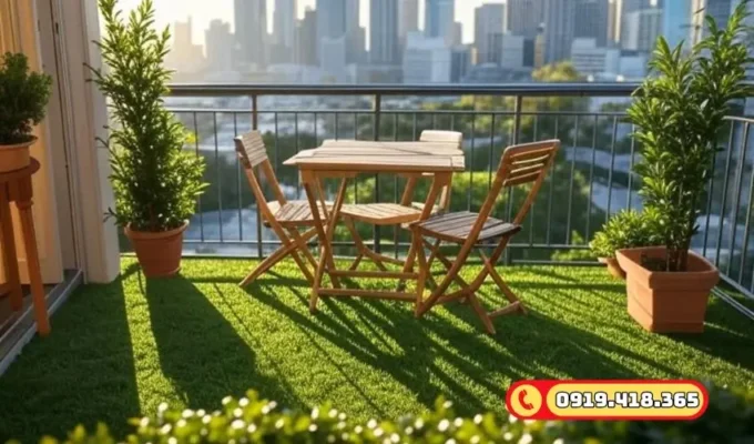 Ban công phong cách resort với thảm cỏ nhân tạo trang trí.