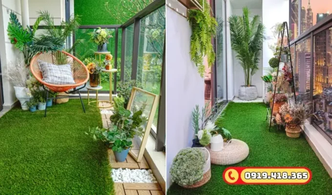 Ban công mini trở nên sinh động với cỏ nhân tạo và tiểu cảnh.