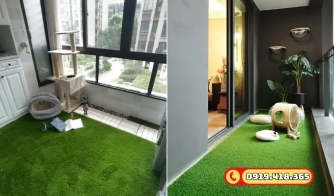 Biến ban công thành góc chill ngoài trời nhờ thảm cỏ nhân tạo xanh tươi.