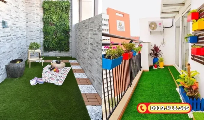 Cỏ nhân tạo trải ban công giúp che đi khuyết điểm nền gạch cũ.
