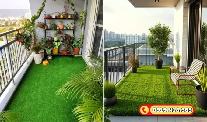 Lát cỏ nhân tạo ban công giúp tiết kiệm chi phí, không cần chăm sóc nhiều.