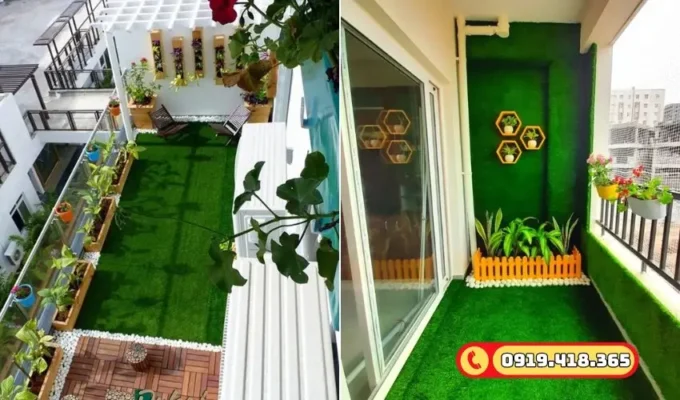 Cỏ nhân tạo ban công thích hợp kết hợp tiểu cảnh, chậu hoa mini.