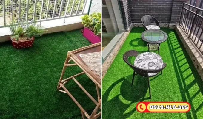 Cỏ nhân tạo ban công phù hợp làm không gian trà chiều, thư giãn.