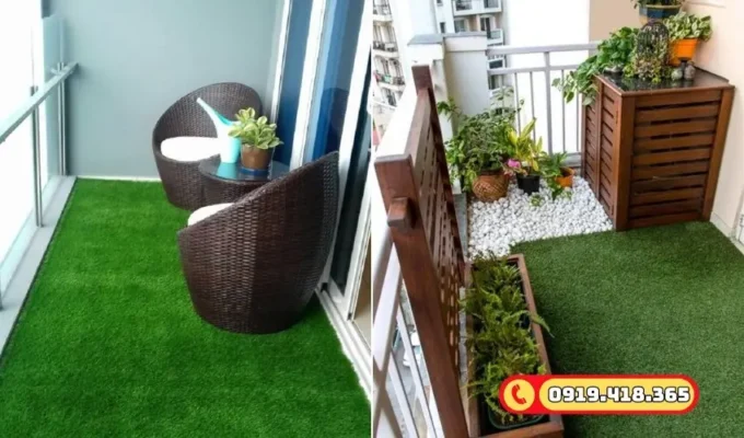 Ban công lót cỏ nhân tạo mang phong cách gần gũi, thân thiện môi trường.