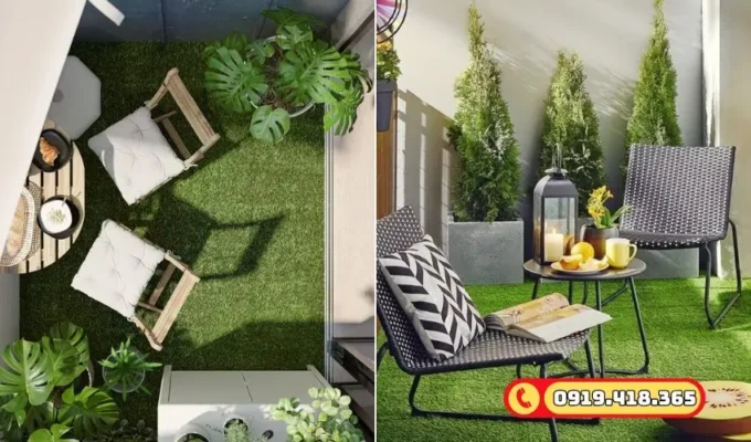 Ban công được cải tạo thành khu vườn mini với cỏ nhân tạo và cây cảnh.