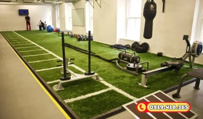 Thảm cỏ nhân tạo cho phòng GYM, giúp dễ dàng định vị và phân chia khu vực tập luyện