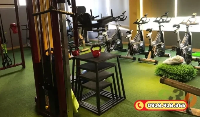 Thảm cỏ nhân tạo dễ dàng phối hợp với các trang trí khác trong phòng GYM