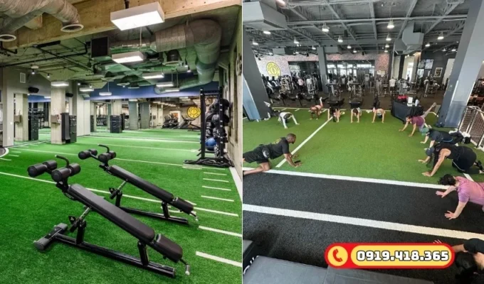 Tạo điểm nhấn với cỏ nhân tạo trang trí độc đáo cho phòng tập thể hình