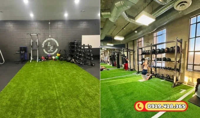 Không gian phòng GYM xanh mát, thư giãn với thảm cỏ nhân tạo êm ái.