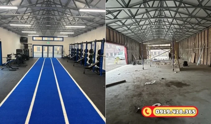 Thảm cỏ nhân tạo dễ dàng thi công, phù hợp cho các phòng GYM hiện đại.