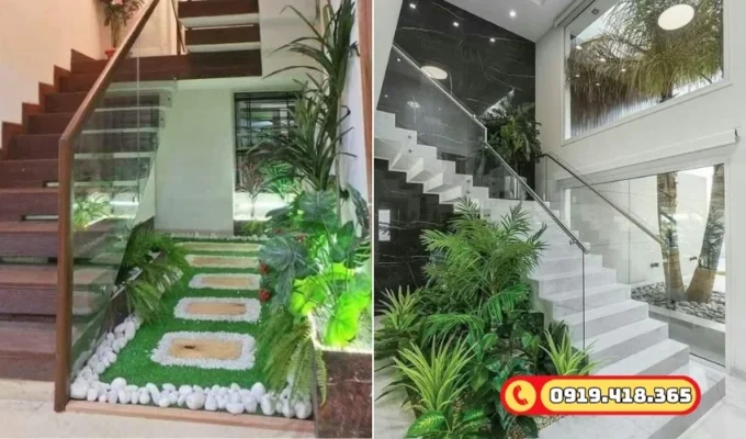 Trang trí gầm cầu thang nhỏ bằng thảm cỏ giả.