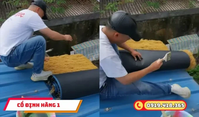 Trải và thi công hàng cỏ rơm nhân tạo đầu tiên, rủ cỏ xuống sao cho phù hợp